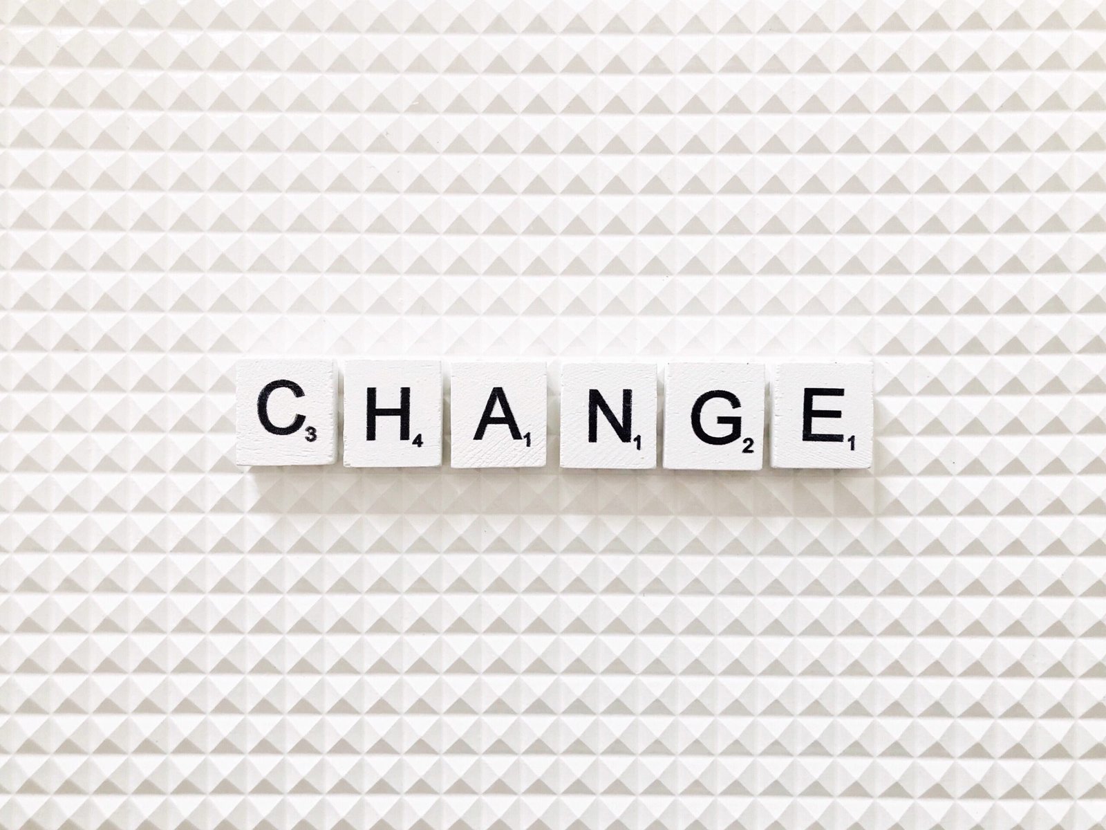 The word “CHANGE” spelled out in letter tiles, representing change in the workplace.