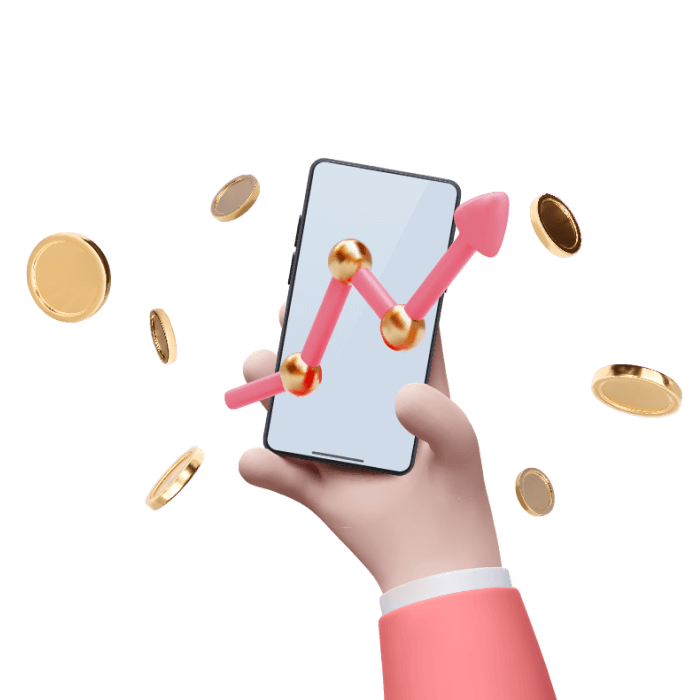 A hand holding a smartphone with an upward arrow and chart on the screen, representing productivity and growth.
